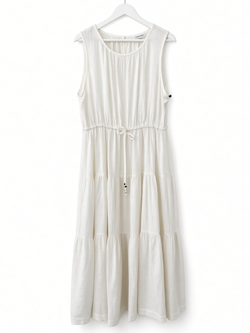 NWT Calvin Klein White Sleeveless Tiered Midi Dress Drawstring Waist Crinkle 16